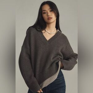 Anthropologie Maeve Plush V-Neck Chunky Sweater Size Small Grey Wool Blend